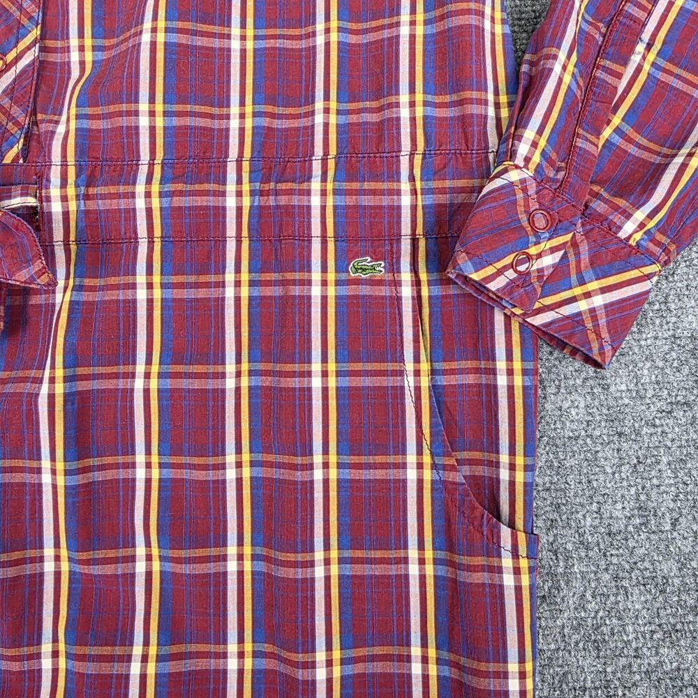 Lacoste Dress Womens 40 Red Plaid Shirt Dress Roll Tab Sleeve Cotton Pockets - Picture 13 of 16